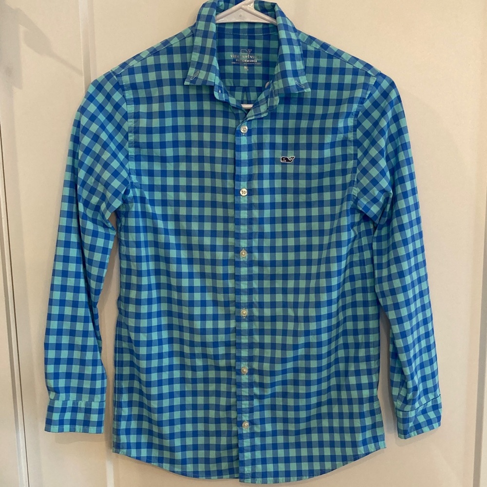 Boys Vineyard Vines Blue and Teal Button-Down Performance Shirt Size Mefium